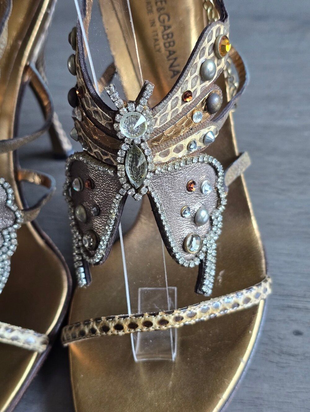 Dolce & Gabanna Crystal Butterfly Snakeskin Leather Heels Size 37/US 7 - Picture 6 of 11